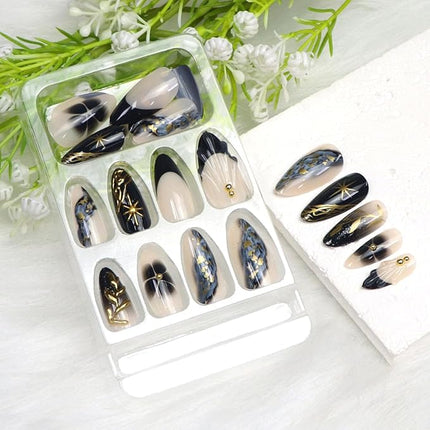 Almond Press on Nails Medium Fake Nails with 3D Leaves Gold Pearl Star Flower Designs French Tip Nails Press ons Black Glue on Nail Glossy Stick on Nail for Women 24 Pcs