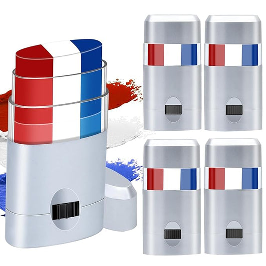 4pcs Red White and Blue Face Paint Stick, Long Lasting Patriotic Body Painting Baseball Eye Black America USA Flag Makeup Stick 4th of July Accessories for Kids Women Men Sports Party Independence Day