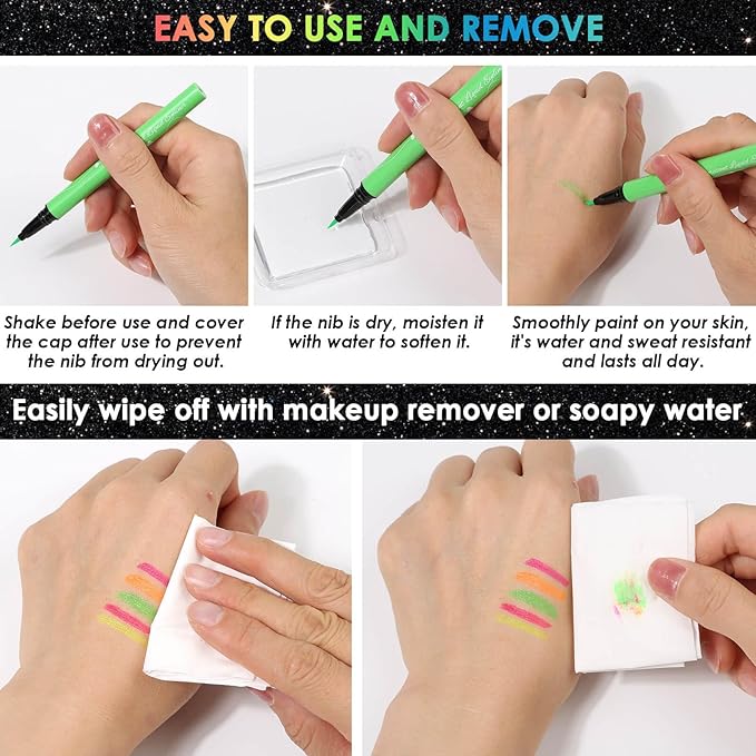 Glow in The Dark Glitter Gel with UV Neon Liquid Eyeliner Pen Set for Body Face Hair Eye, Makeup Kit for Rave Accessories Party Halloween Anime Cosplay Concerts Festival Carnival Face Paint