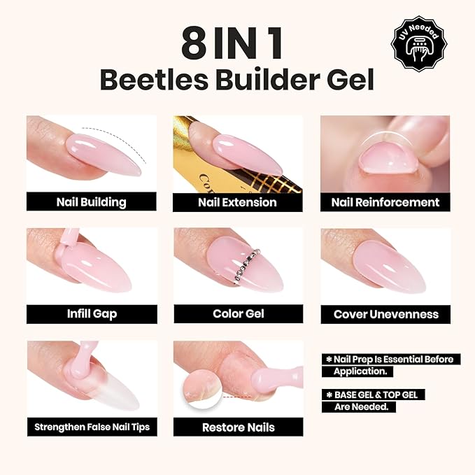 Beetles Builder Gel Set,3 Pcs 8 in 1 Nail Strengthening Apex Building Extension for Beginner DIY Salon at Home,Clear Builder Nail for Nails with Base and Top Coat Gel,UV & LED Lamp Needed