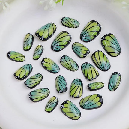 Short Press on Nails Oval Fake Nails with Cute Butterfly Designs Black Nails Press ons Yellow Green Gradient Acrylic Glue on Nail Spring Summer for Women 24 Pcs
