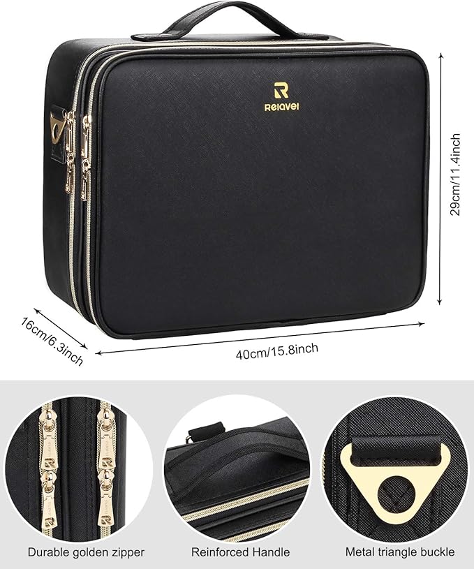 Relavel Makeup Case Large Makeup Bag Professional Train Case 16.5 inches Travel Cosmetic Organizer Brush Holder Waterproof Makeup Artist Storage Box, 3 Layer Large Capacity, with Adjustable Strap