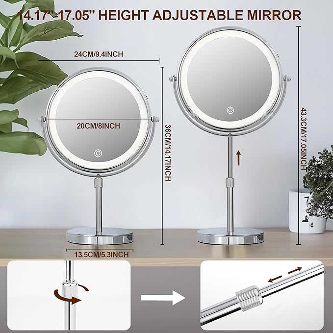 JANEEVA 10X Lighted Makeup Mirror with 3 Lighting Modes, 8" Dimmable Lights Height Adjustable Vanity Mirror with Lights, Rechargeable Double Sided 1X 10X Magnifying Mirror, 360°Rotation,Chrome