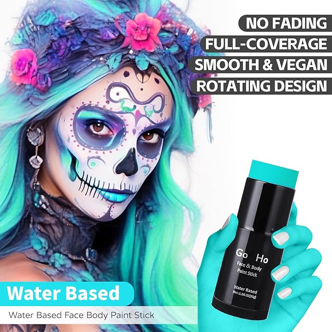 Go Ho Teal Face Body Paint Stick,Water Based Washable Face Paint Stick,Non-toxic Full-coverage Cream Teal Body Paint for Adults Children Halloween Sally Mermaid Skeleton Cosplay SFX Makeup
