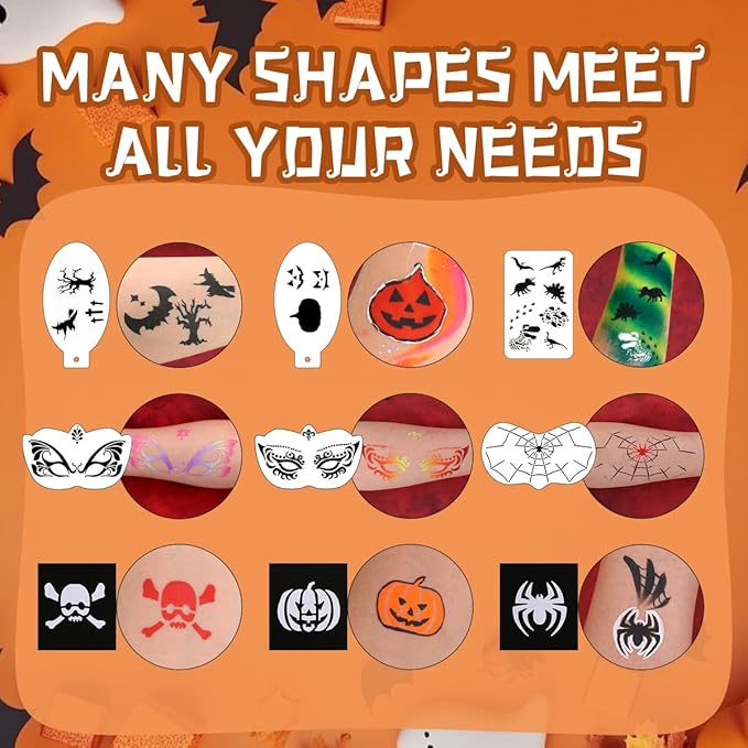 63 pcs Halloween Face Painting Stencils Kit, 38 pcs Reusable Face Body Paint Stencils Templates, 10 Brushes, 13 pcs Sponges, 2 Black Gems for Halloween Makeup Depvision Face Paint Accessory Kit