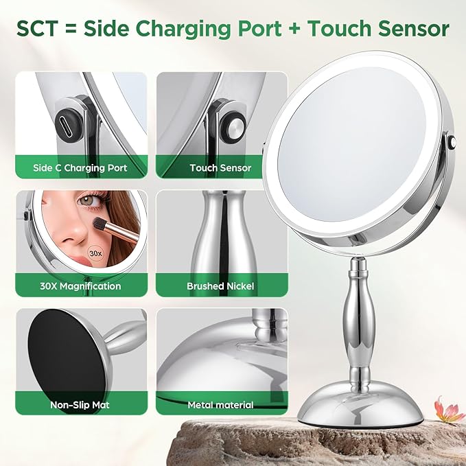 30x Magnifying Mirror, Lighted Makeup Mirror with 3 Colors Modes & Adjustable Brightness, 360° Rotation Double Side, Large Magnifying Vanity Mirror, Gifts for Women