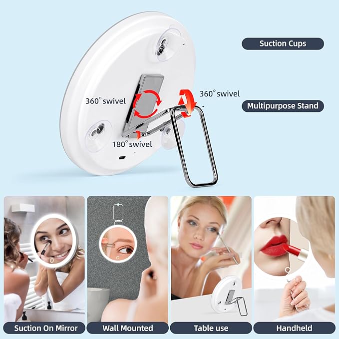 20X Magnifying Mirror with Light, Rechargeable 3 Colors Dimming Lighted Magnifying Mirror with 3 Suction Cups and 360° Stand, 6" Large Travel Tabletop Magnified Makeup Mirror with Tweezers & Scissors