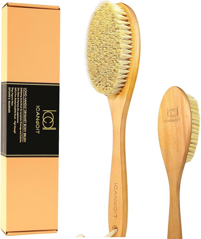 ICANdOIT Very Stiff Dry Brushing Body Brush for Men&Women, Long Handle Dry Skin Brush for Cellulite and Lymphatic Drainage with Natural Agave Cactus Tampico Fiber Bristles