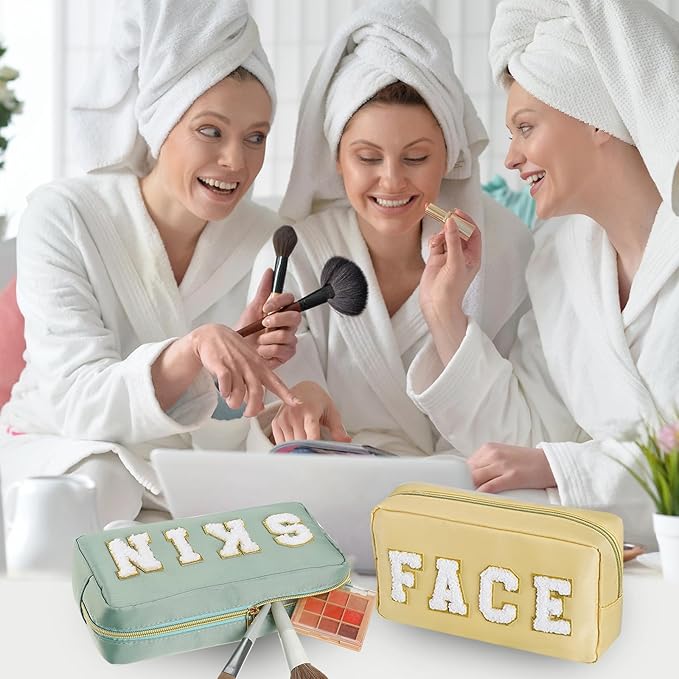 Cunno 4 Pcs Preppy Makeup Bags Chenille Letter Stuff Bag Nylon Cosmetic Pouch Cases with Zipper for Women Travel Toiletry