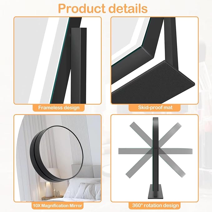 Makeup Vanity Mirror with Lights 15.2" Large LED Lighted Mirror, Hollywood Make Up Mirror with Lighting for Bedroom Tabletop, Smart Touch, Detachable 10X Magnification 360° Rotation, (Black)