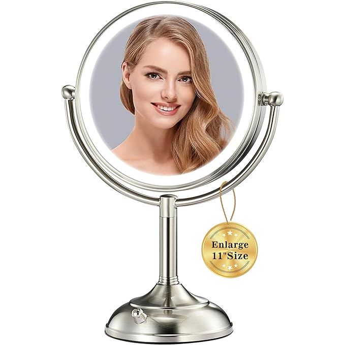 VESAUR 11.8" Extra Large 17" Tall Lighted Makeup Mirror, 1X/5X Double Sided Magnifying Mirror with 96 LEDs, 3 Color Modes & Adjustable Brightness, 360° Rotation, Nickel Finish - Great Gift for Women