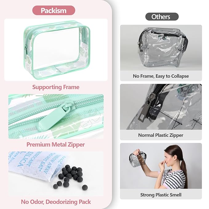 PACKISM TSA Approved Toiletry Bag - Light Green Turtle Leaves Print Clear Toiletry Bags, Suitable for Gifts, with Supporting Frame, Perfect for Travel Essentials, Thick No Smell