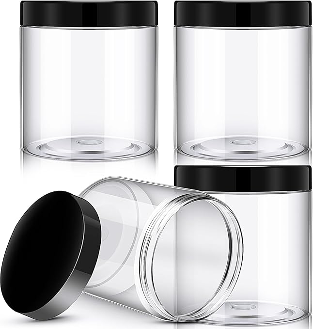 Patelai 4 Pieces Round Wide-mouth Leak Proof Plastic Container Jars with Lids for Travel Storage Makeup Beauty Products Face Creams Oils Salves Ointments DIY Making(16 Ounce,Black)