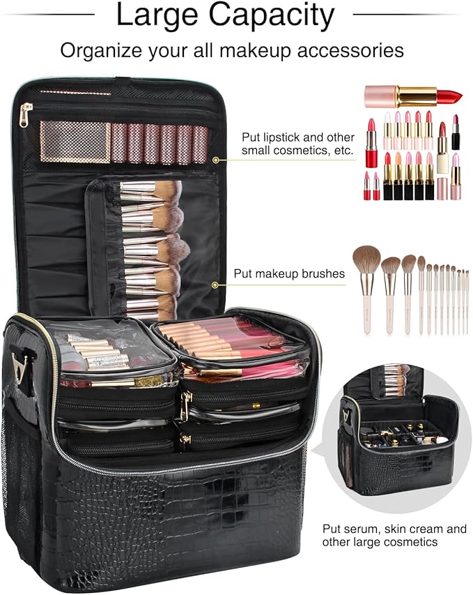 Travel Makeup Case with 4 Small Bag, Professional Makeup Artist Bag Tattoo Case Makeup Organizer Box with Adjustable Dividers and Shoulder Strap (Medium, Black)