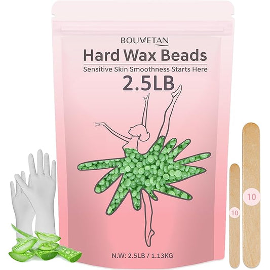 Wax Beads 2.5lb, Bouvetan Hard Wax Beans for Hair Removal, Sensitive Skin, Ideal Beads for Bikini, Legs, Eyebrow, Facial, Brazilian, Full Body Waxing (Aloe)