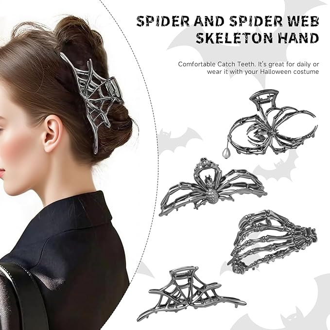 3Pack Metal Black Spider Web hair clips Skeleton Hand Skull Hair Clips for Women And Girls,Goth Accessories for Thick Hair, Claw Clips Hair Accessories Halloween Christmas Gift (Silver 3Pcs)