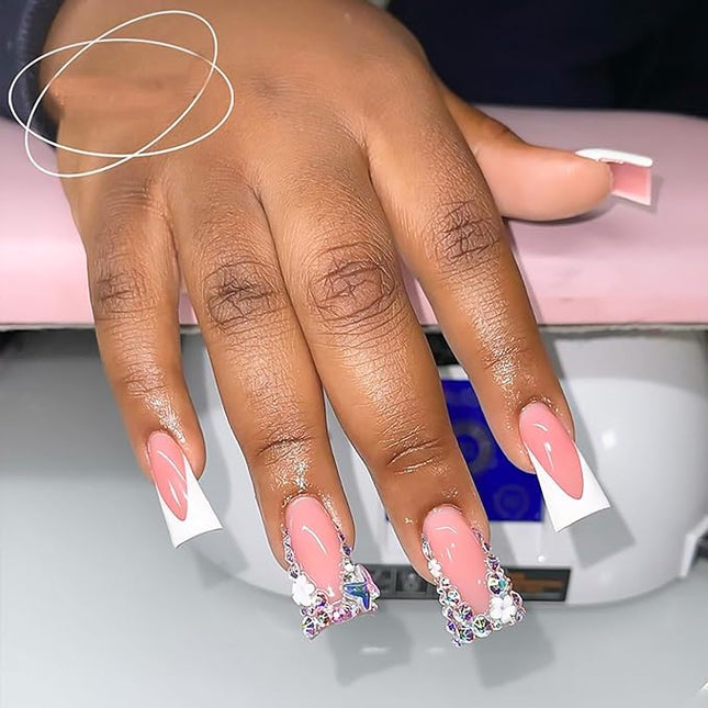 RUOKEXIN Duck Nails Press on Long Press on Nails White French Tip Fake Nails Coffin False Nails with Rhinestones Designs Pink Glue on Nails Glossy Artificial Nails Natural Stick on Nails for Women