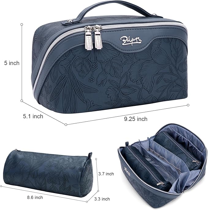 BOYATU Travel Makeup Bags Cosmetic Organizer Bag: 3-Set Large Capacity Make up Bag - PU Leather Toiletry Bags for Women - Wide Open Portable Pouch with Divider & Handle (02-Dark Blue)