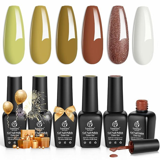 Beetles Fall Gel Nail Polish Set - 6 PCS Brown Green Glitter Holiday Gel Polish Kit Yellow Green Nail Art Soak Off UV Nail Gel Polish DIY Manicure Kits