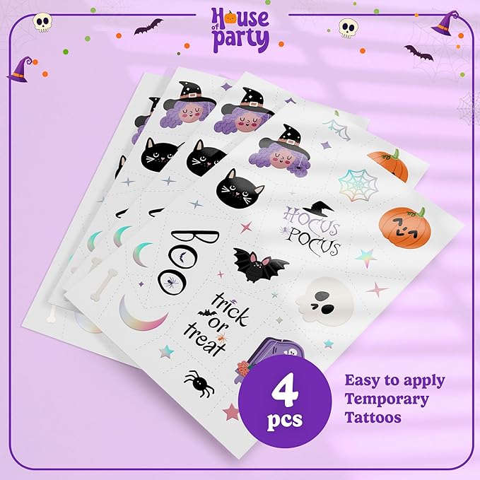 HOUSE OF PARTY Halloween Temporary Tattoos for Kids - 112 PCS Hocus Pocus Stickers, Bat Tattoos, Skull Stickers, Witch Tattoos, Spider Webs - Ideal for Hocus Pocus Party Favors and Decorations!