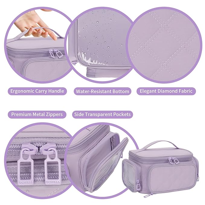 OCHEAL Makeup Bag,Travel Cosmetic Cases Makeup Organizer Bag for Women with Zipper Pouch and Side Pocket, Multifunctional Compartments and Dividers,Make up Toiletries, Brushes & Beauty Tools-Purple