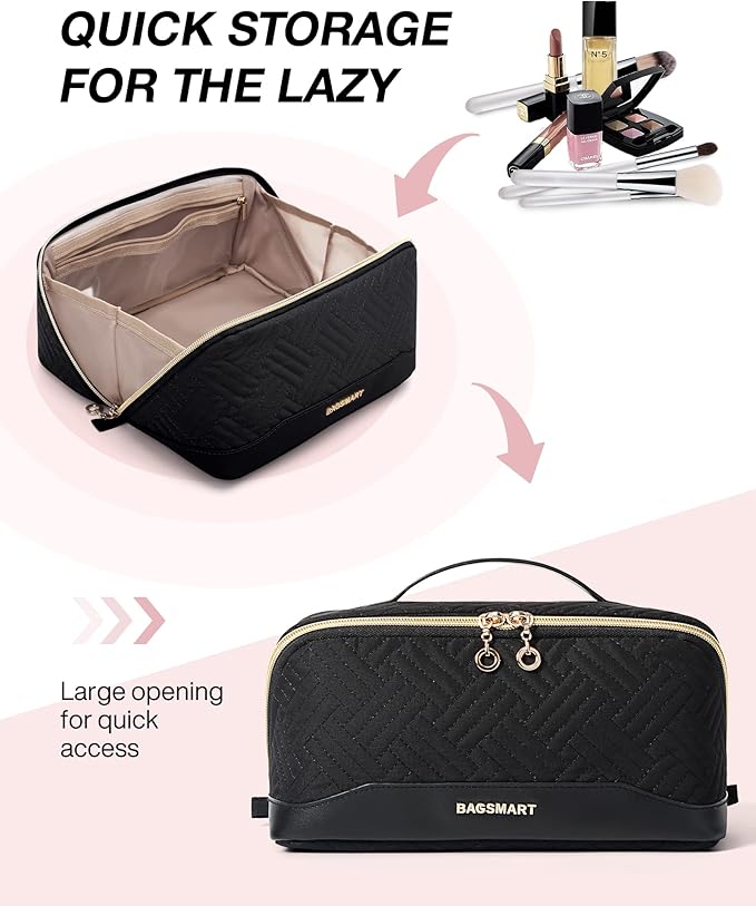 BAGSMART Makeup Bag Cosmetic Bag, Travel Makeup Bag,Water-resistent Makeup Bags for Women Portable Pouch Open Flat Make Up Organizer Bag for Toiletries, Brushes Black
