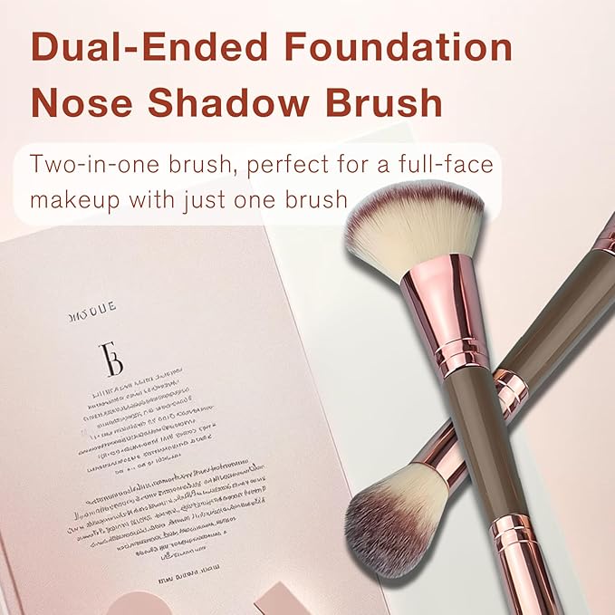 Double-Ended Foundation Makeup Brush, Angled/Round Top for Liquid, Powder & Cream Blending (Brown), champagne gold