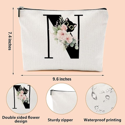 Floral Cat Initial Makeup Bag, Personalized Skin Care Bag, Travel Organizer Toiletry Bags for Women Mom Friends, Cosmetic Bags Makeup Pouch with Zipper, Letter N