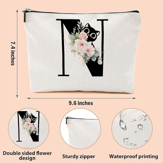 Floral Cat Initial Makeup Bag, Personalized Skin Care Bag, Travel Organizer Toiletry Bags for Women Mom Friends, Cosmetic Bags Makeup Pouch with Zipper, Letter N