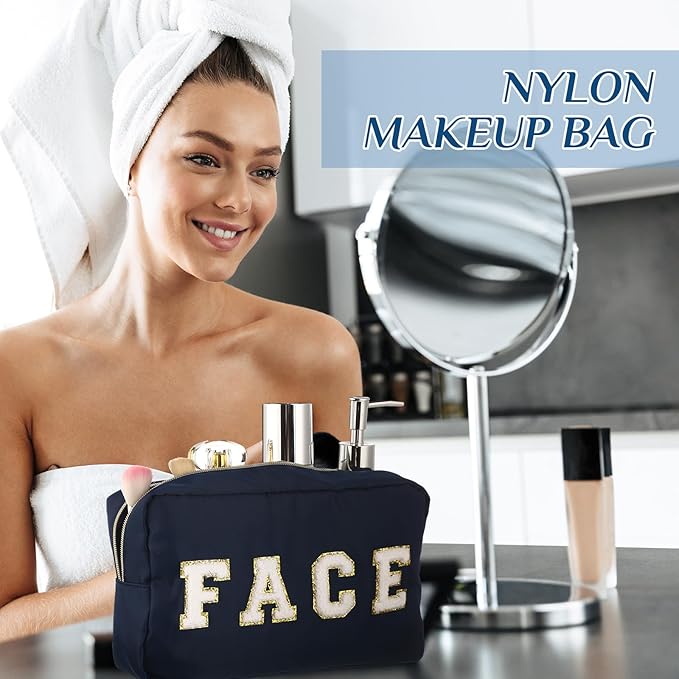 Cunno 4 Pcs Preppy Makeup Bags Chenille Letter Stuff Bag Nylon Cosmetic Pouch Cases with Zipper for Women Travel Toiletry