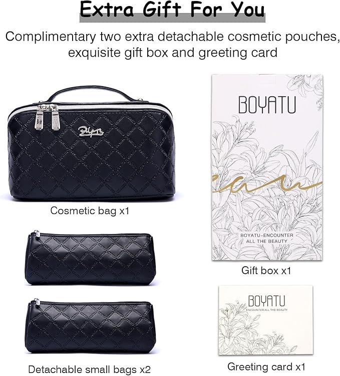 BOYATU Travel Makeup Bags Cosmetic Organizer Bag: 3-Set Large Capacity Make up Bag - PU Leather Toiletry Bags for Women - Wide Open Portable Pouch with Divider & Handle (07-Black 6)