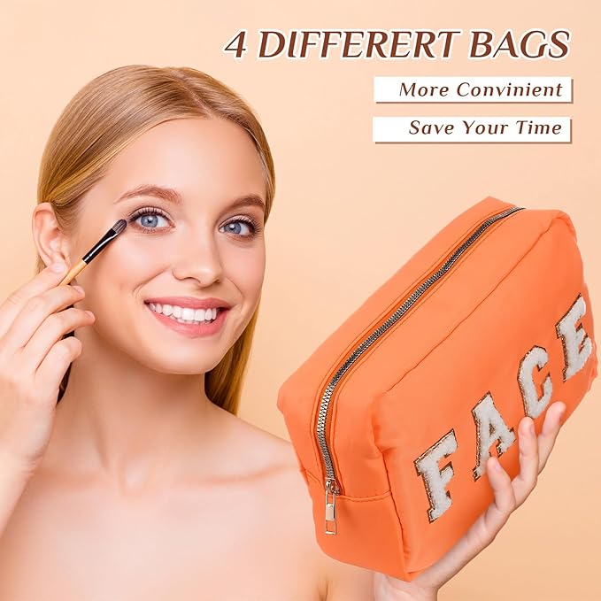 Cunno 4 Pcs Preppy Makeup Bags Chenille Letter Stuff Bag Nylon Cosmetic Pouch Cases with Zipper for Women Travel Toiletry