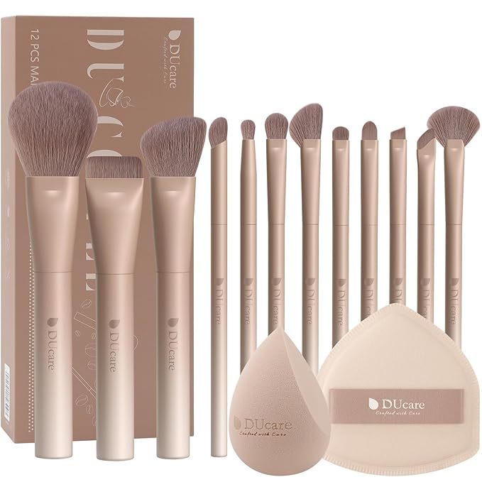 DUcare Makeup Brushes Set 12Pcs Coffee Series Makeup Brush set with Makeup Sponges Gifts Foundation Blending Face Powder Blush Eye Shadows Brushes