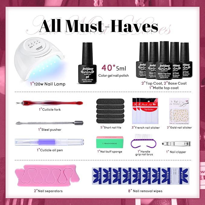 JEWHITENY 45PCS Gel Nail Polish Kit with U V Light LED Nail Lamp 40 Colors Set Manicure Nail Gel Kit