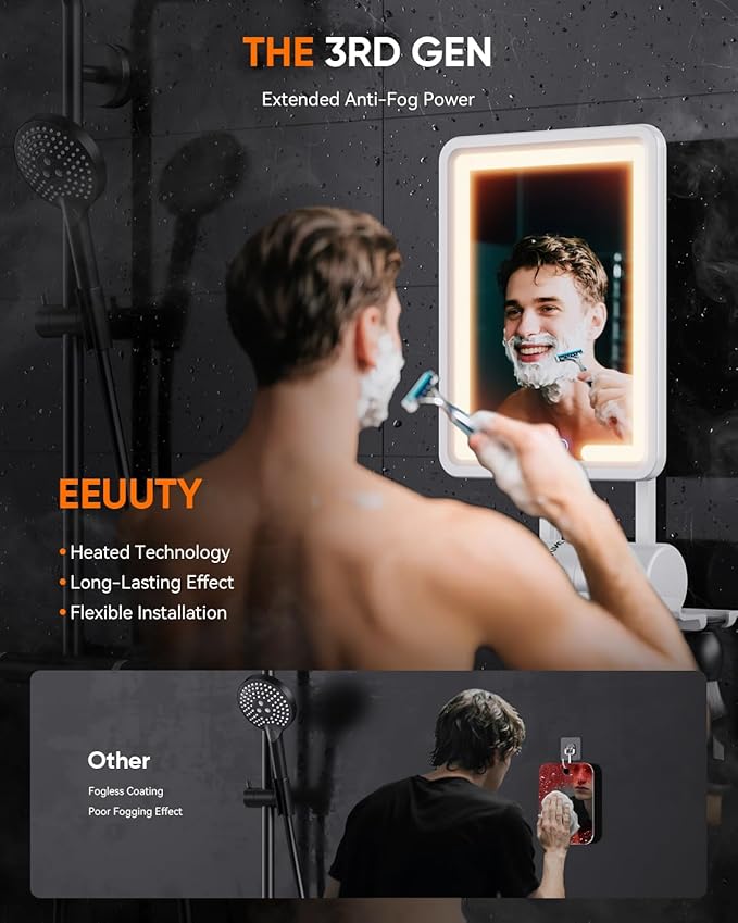 Heated Shower Mirror Fogless for Shaving 2025 New, 3 Colors Stepless Dimmable Lights Anti Fog Shower Mirror, Fog Free Mirror for Shaving with Razor Holder for Men, NO-Drilling, Removable - White