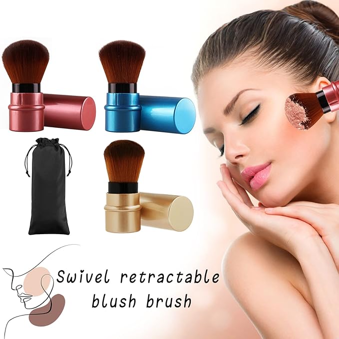 Vtrem Retractable Kabuki Brushes Travel Blush Brush Makeup Brush Portable Small Soft Bristles Powder Brush with Cover for Blush Buffing Flawless Powder, Cosmetics Tool, Brown/Red/Blue