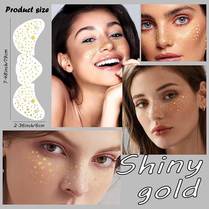 10 Sheets Glitter Freckle Tattoos, Gold Glitter Speckles Face Makeup, Eyes Makeup Accessories Temporary Tattoo for Women and Girls, Cosmetic Freckle for Face