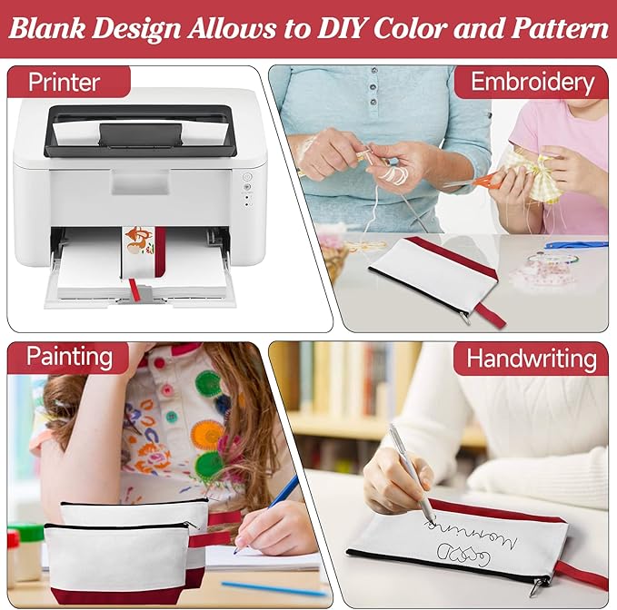 10 Pieces Cotton Canvas Makeup Bag with Bottom and Strap, Multi-Purpose Cosmetic Bag with Zipper Travel Toiletry Pouch, Blank DIY Craft Bag (White&Red, S)