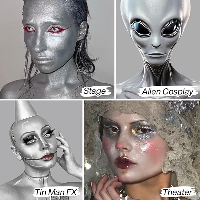 Metallic Silver Face Paint, Professional Full Coverage Shimmer Silver Body Paint for Kids & Adults, Long Last Blendable silver Metal Face Painting for Halloween Makeup,Tin Man FX, Alien, Cosplay,Stage