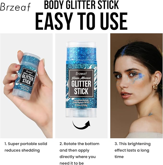 Brzeaf Waterproof Blue Glitter Stick, Halloween Festival Rave Accessories, Safe Ingredients & Long Lasting, Hair Eyeshadow Face Glitter Stick, Singer Concert Music Rave Festival, Glitter Makeup