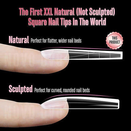 NOVO OVO XXL Sharp Square Natural (not Sculpted) Nail Tip, Extra Thick False Nails Press on, Full Cover Soft Gel Extension Fake Nail Acrylic kit with XL L M French Tip Auxiliary Line x 15 Size 180pcs