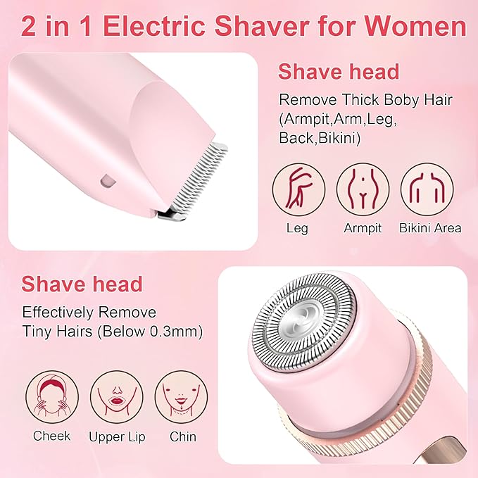 Bikini Trimmer for Women, Cordless& Painless& Waterproof Dual Head Shaver for Women Private Area& Face& Body, 2-in-1 Electric Razors, Bikini Shaver, Hair Trimmer with LCD, Travel Grooming Kit