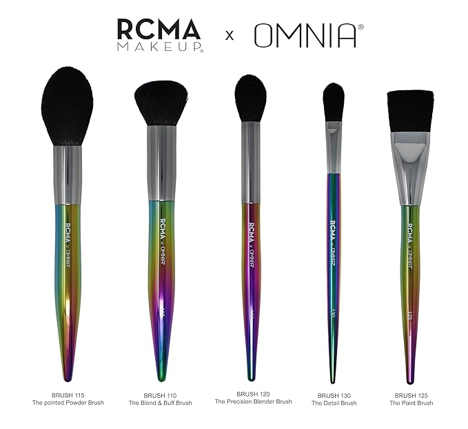 RCMA Makeup x Omnia Professional Makeup Brush 5pc Set, Premium Synthetic Fiber, Iridescent Acrylic Handle, Face Powders, Complexion and Foundation Blending Application Brush set.