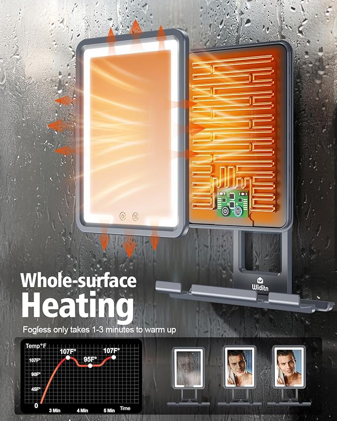 Lighted Shower Mirror Fogless for Shaving, Heated Fogless Shower Mirror with 3 Colors Stepless Dimmable Lights, Rechargeable Adjustable Shaving Mirror with Razor Stand, Brush Holder for Men