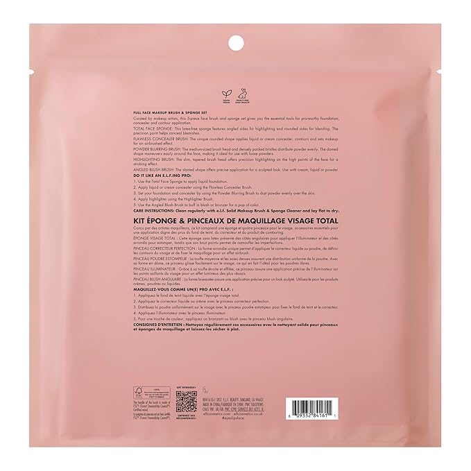 e.l.f. Complexion Essentials Brush & Sponge Set, Concealer, Powder, Blush & Highlighter Brushes & Total Face Sponge, Vegan & Cruelty-Free