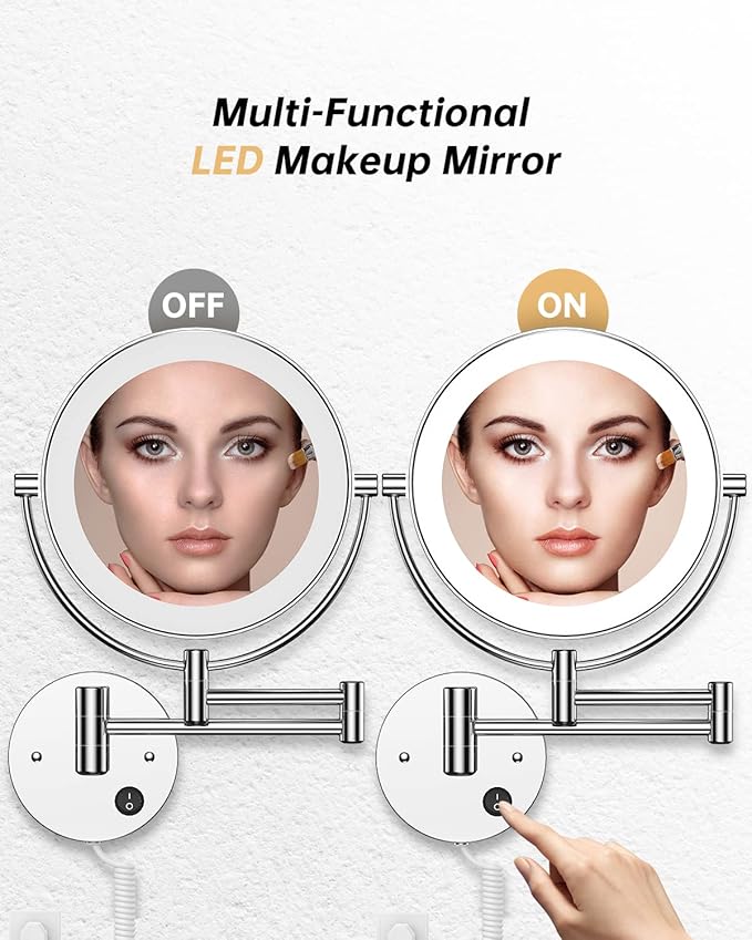 Gospire 8.5" Wall Mounted Lighted Magnifying Mirror, 1X/10X Double-Sided Magnification Round LED Cosmetic Vanity Bathroom Mirror Extendable Arm 360° Swivel for Shaving Makeup