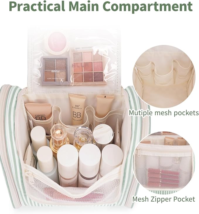 Narwey Striped Hanging Travel Toiletry Bag for Women, Travel Bag for Toiletries, Makeup Bag Organizer Cosmetic Bags Make Up Bags for Women (Mint Green Stripe)