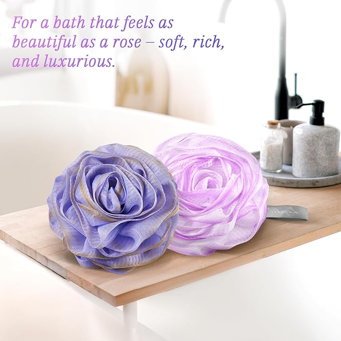 Bath Loofah, Shower Loofah, Body Loofah, Bath Sponge, Shower Sponge, Body Sponge, Bath Scrubber, Shower Scrubber, Body Scrubber, Rose-Shaped, Elegant (Set of 2 Pieces,Purple and Grey)