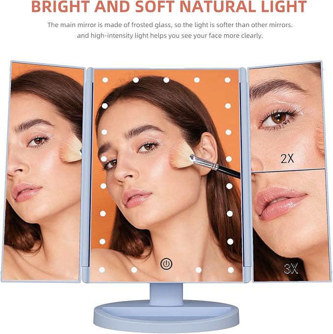 Trifold Makeup Mirror Vanity Mirror with Lights,1X 2X 3X Magnification,Touch Screen,180 Adjustable Rotation,Portable Travel Bathroom Cosmetic Mirror