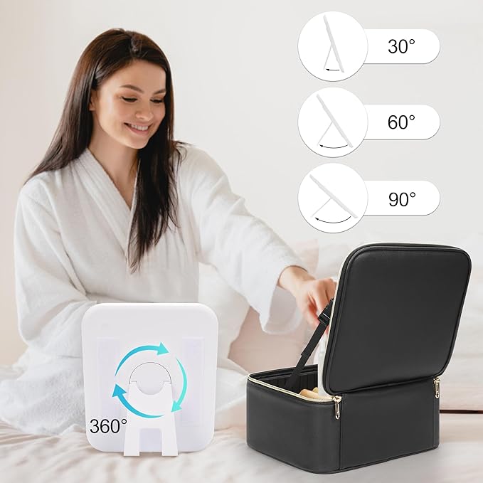 Makeup Bag With LED Mirror, Travel Makeup Case with Light up Mirror Large Cosmetic Case with 3 Color Lighted Portable Organizer Bag with Adjustable Dividers（Black）